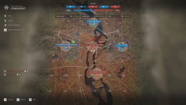 Conquestの複数占領地点と両軍の士気ゲージを表示した英語UIのゲームマップ