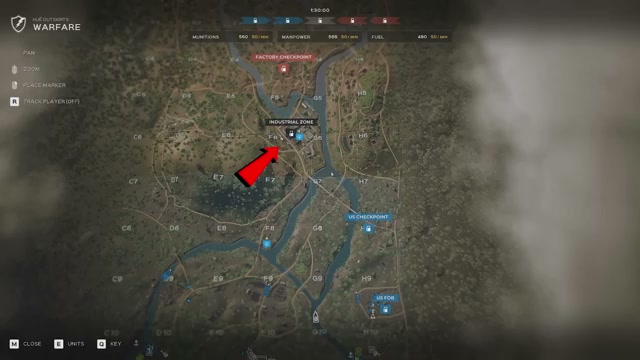 Warfareの5セクターと中央争点が並ぶ英語UIのゲームマップ
