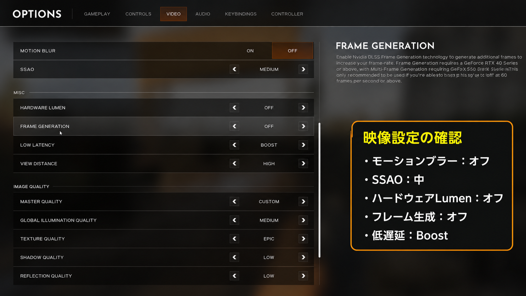 Hell Let Loose Vietnamの映像設定画面。モーションブラー、SSAO、Lumen、フレーム生成、低遅延の日本語注釈付き