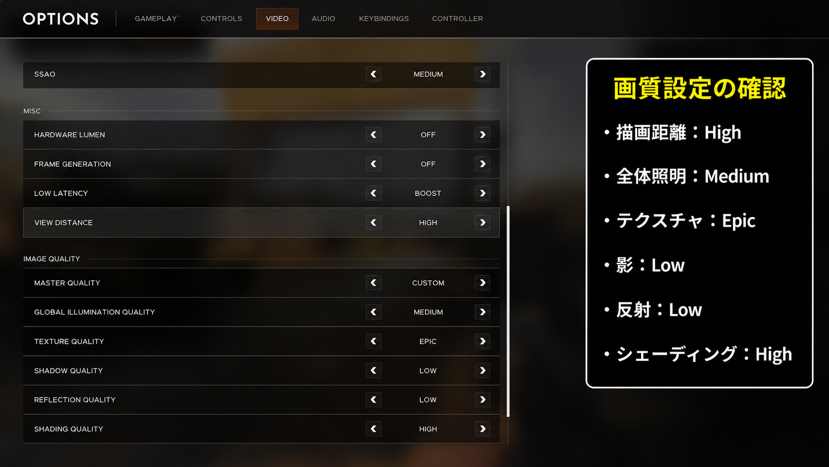 Hell Let Loose Vietnamの画質設定画面。描画距離、照明、テクスチャ、影、反射、シェーディングの日本語注釈付き